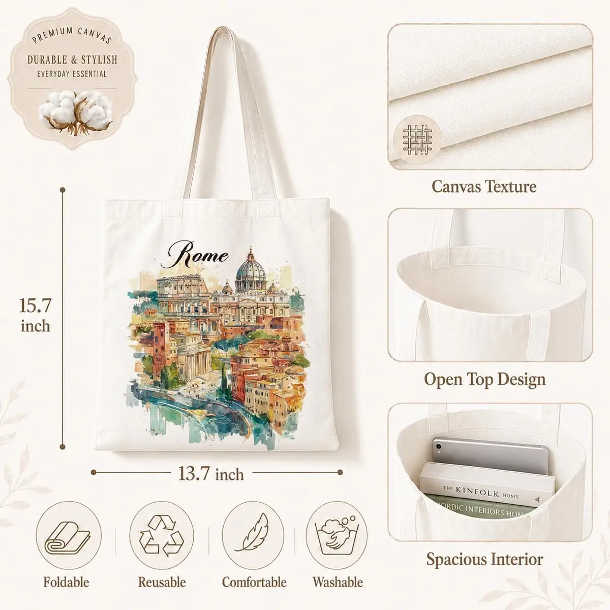 Rome Watercolor Canvas Tote Bag Italy Cityscape Print Reusable Eco Friendly Shopping Shoulder Bag Travel Gift
