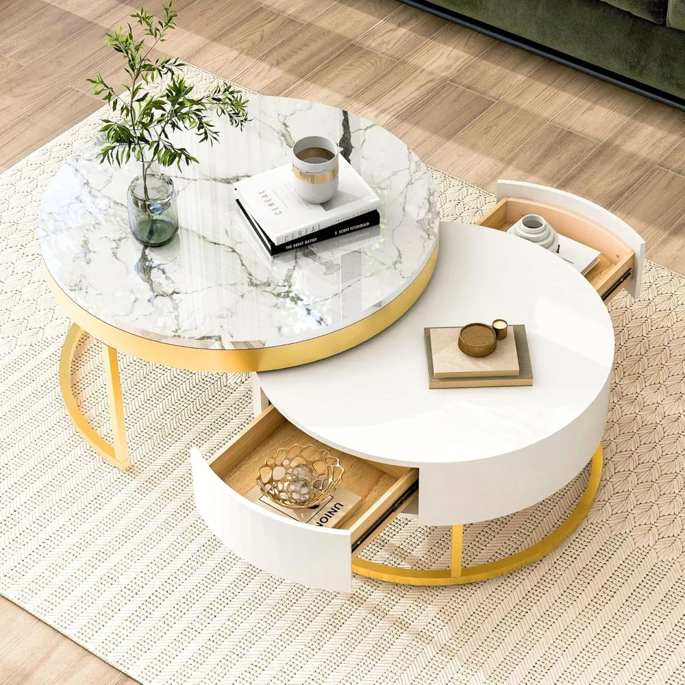 

Modern Round Nesting Coffee Table with Drawers for Living Room in White, Engineered Wood Café Tables