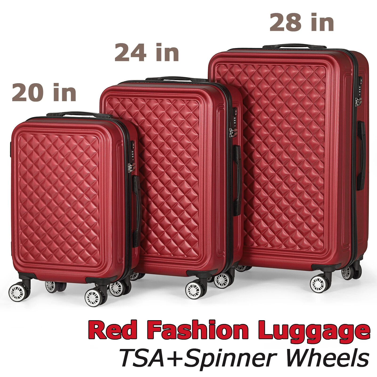 3PCS Red Hardshell Travel Luggage Set ABS Suitcase with Spinner Wheel TSA 20/24/28