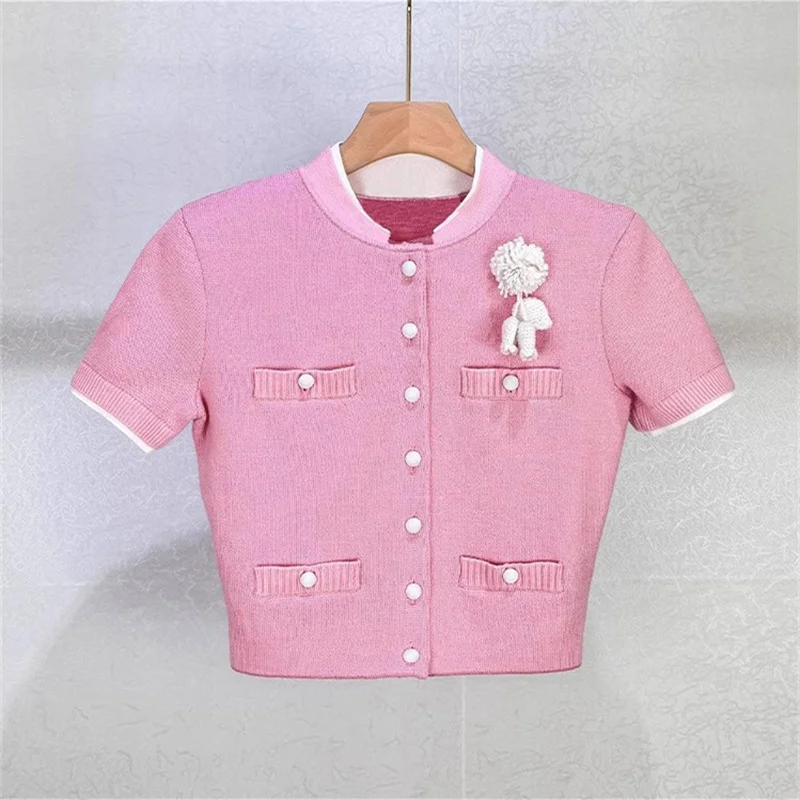 

Cardigan for women New elastic knitted slim fit short sleeved top for autumn 2025 3D floral decoration women's sweater Knitwear
