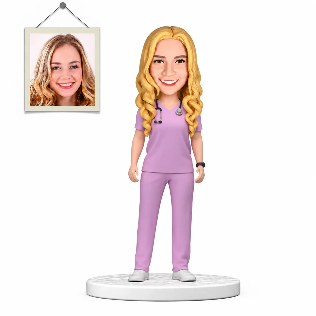 Custom Nurse Bobblehead in Purple Scrubs Personalized Female Medical Figurine from Photo Nurse Gift