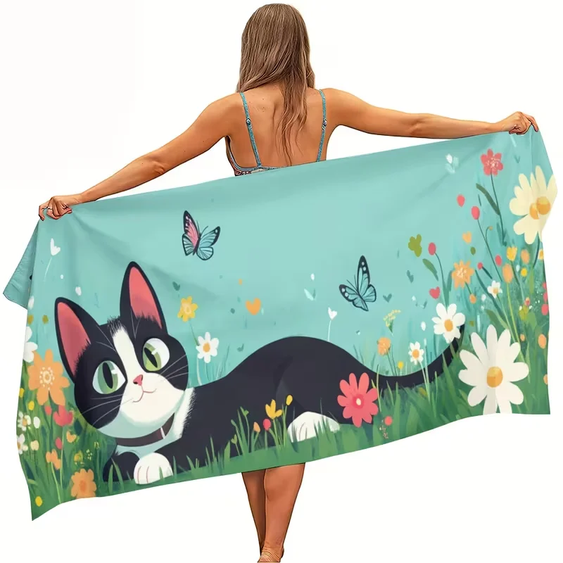 Cartoon Cat Wildflower Butterfly Beach Towel Fresh Meadow Print Quick Dry Soft Towel Lovely Design for Summer Beach Camping
