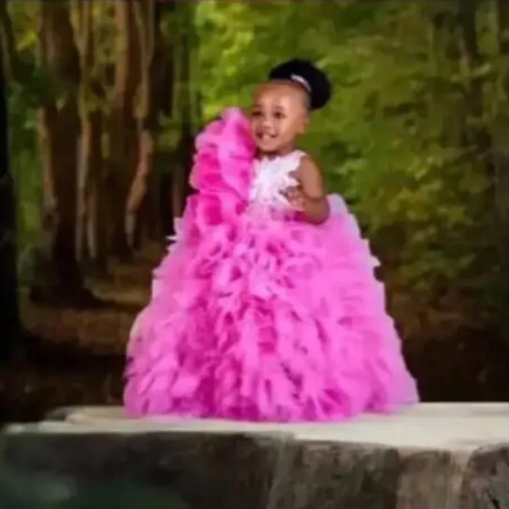 Chic Ruffles Flower Girl Dress For Wedding Tiered Baoo Gowns Hot Pink Fuchsia First Comunion Dress  Kids Birthday Gowns