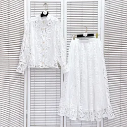 Luxury Elegant Hollow Out Long Dresses 2 Piece Skirts Sets Women Summer Autumn Embroidery Shirts White Top Long Maxi Skirt Suits