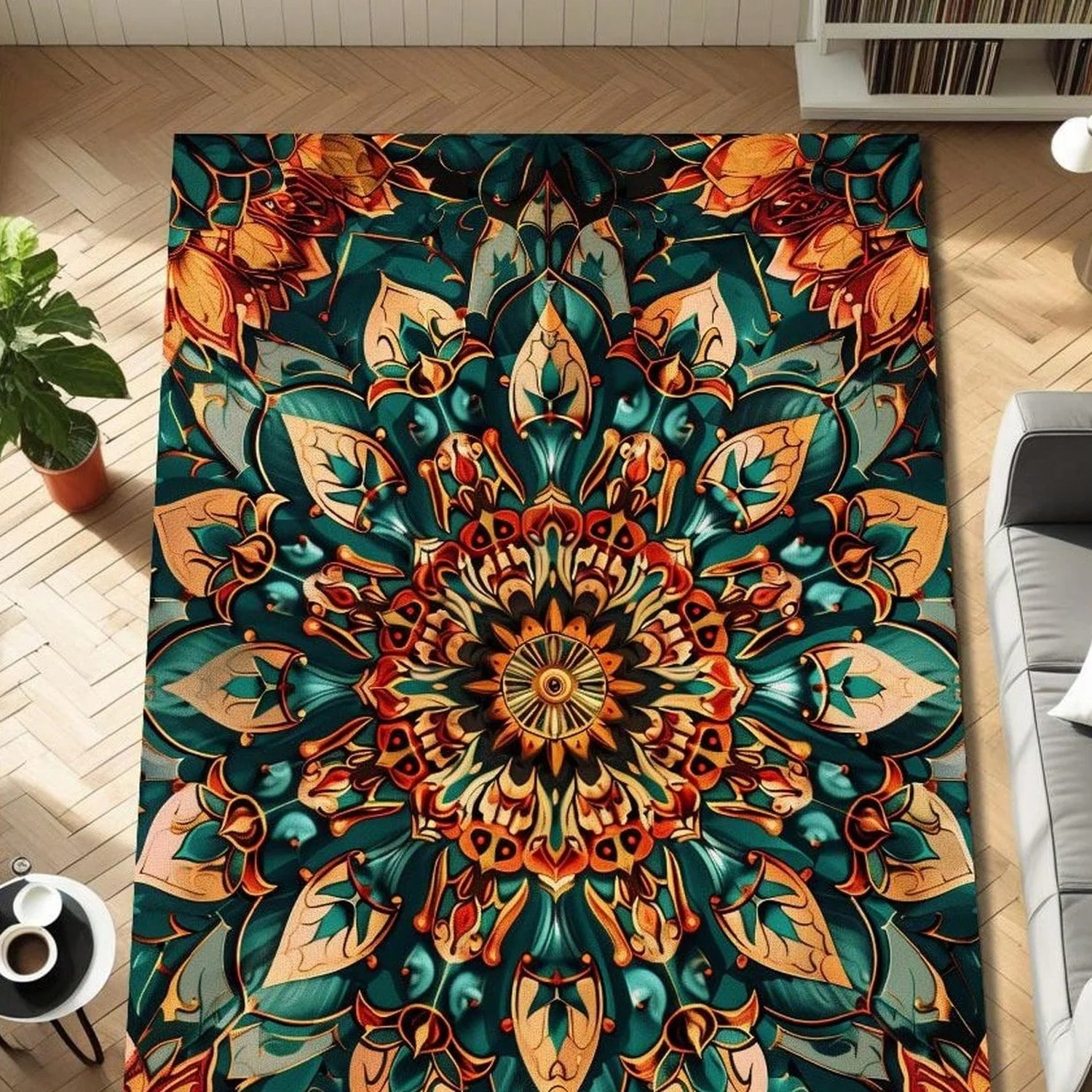 Blue-Green Burnt Orange Mandala Pattern Rug, Bohemian Floral Pattern Rug, Modern Living Room and Bedroom Decor, Entryway Floor Decoration Housewarming Floor Mat.