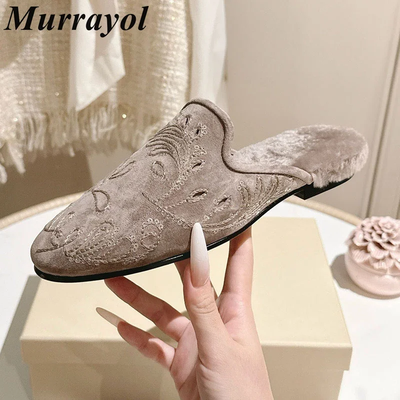 Lazy Mules Women Cow Suede Closed Toe Hollow Outs Flat Bottom Half Slippers Ladies Autumn Winter Outdoor Vacation Walking Shoes