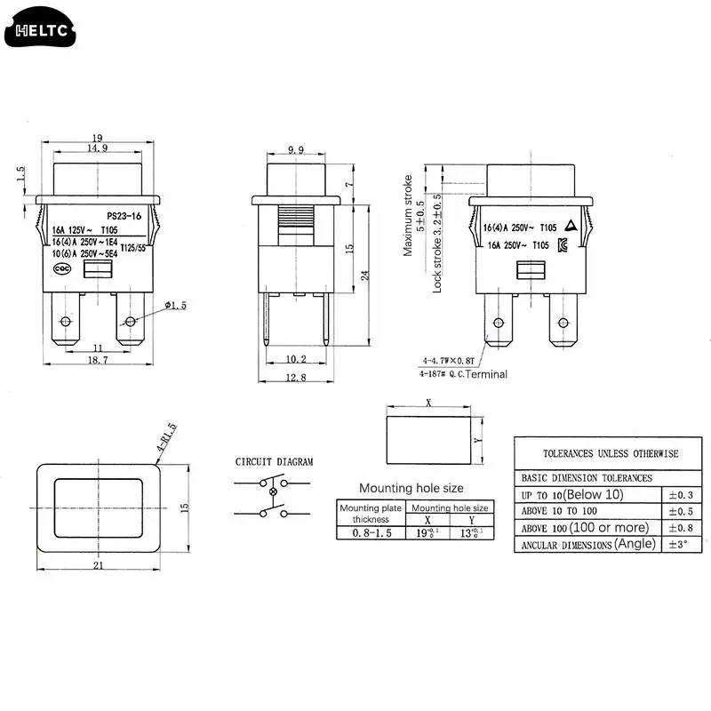 16A 4 Pins Locked Push Button Electrical Rocker Switch With LED Light Red Heater Touch Switch 250V PS-23-16