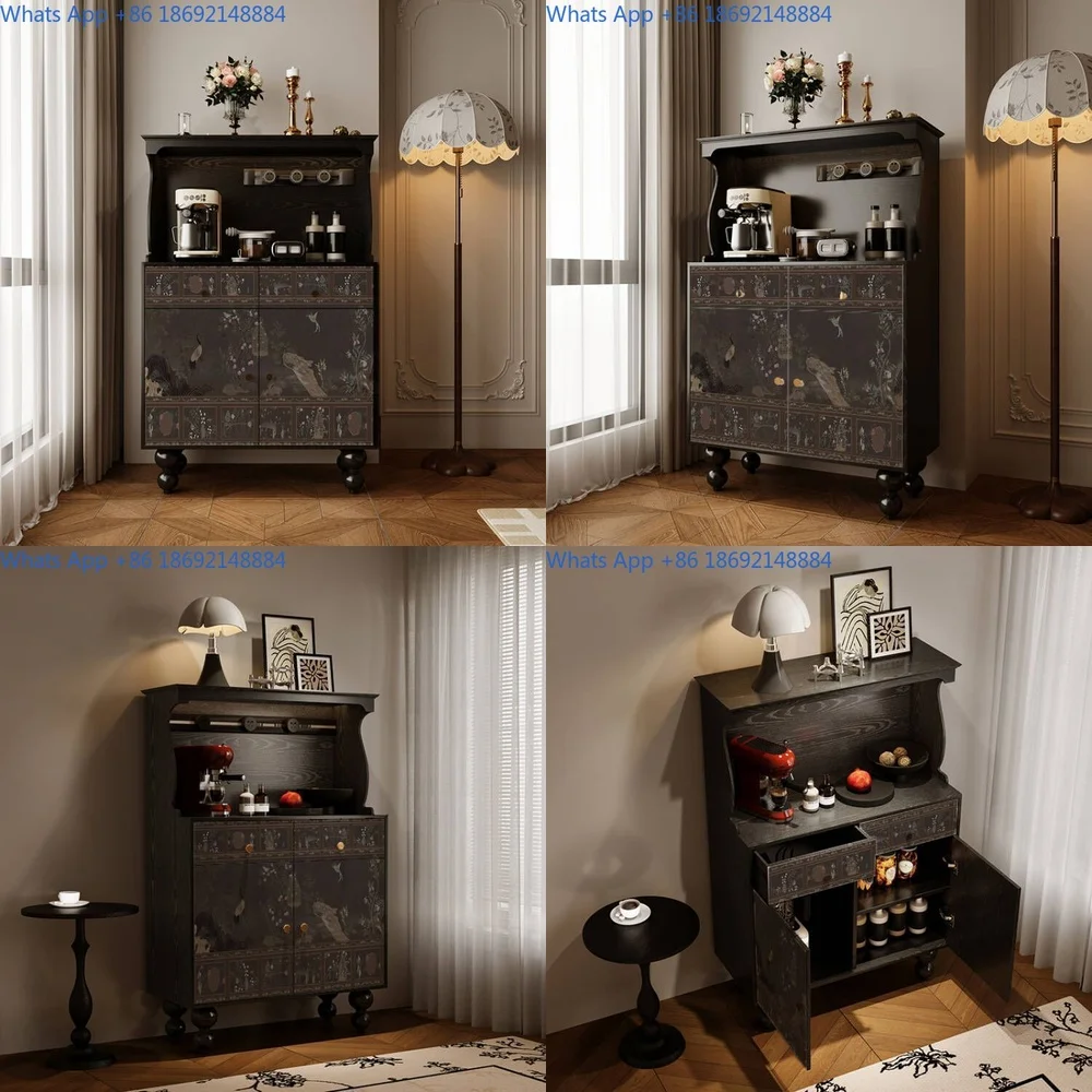 

Solid Wood Chinese Style Floral Bird Sideboard Coffee Bar Cabinet for Dining Room or Living Space Black Finish