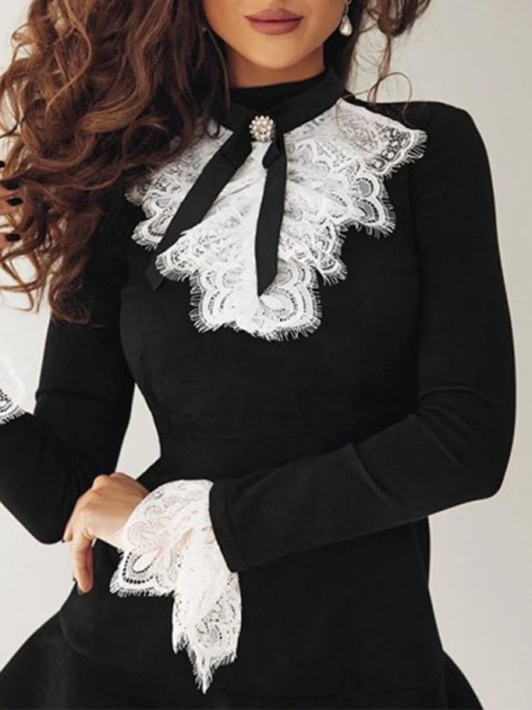 2023 Women\'s Dresses Fashion Elegant Sexy Long Sleeve Lace Bell Sleeve Ruffle Dress OL Classic Romantic Patchwork Mini Dress