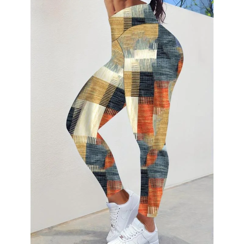 Plus Size Casual Leggings Women's Plus Colorblock Fashion Geometric Print Slight Stretch Skinny Leggings