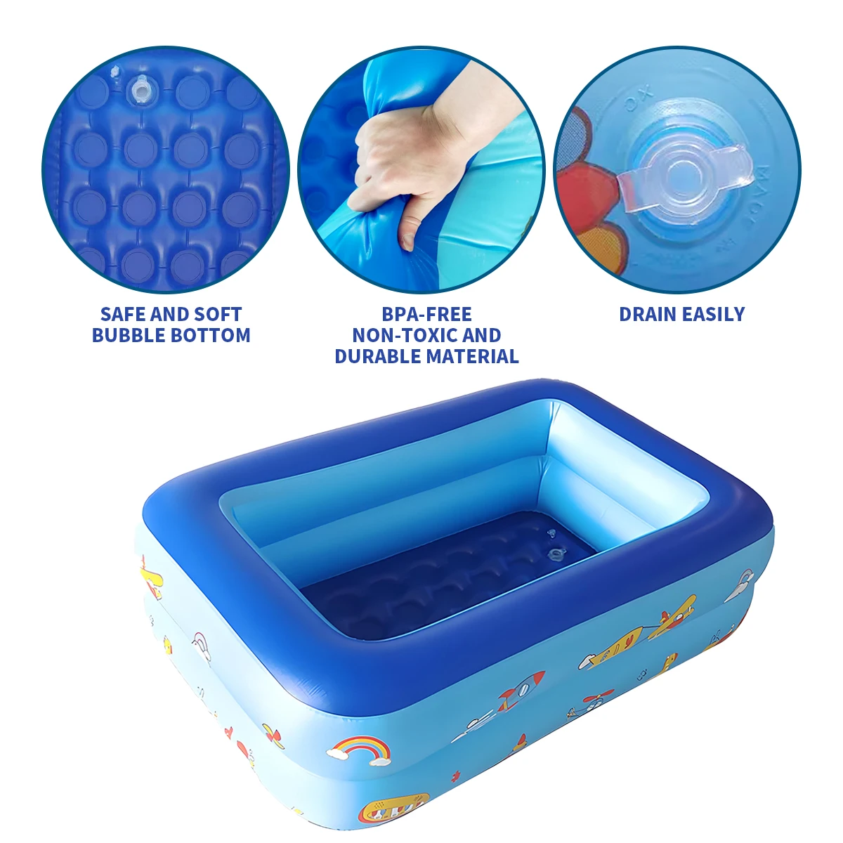 키즈 볼풀, 113cm PVC 풍선 수영장 만화 패턴 물놀이 풀 여름 야외 실내용, 블루