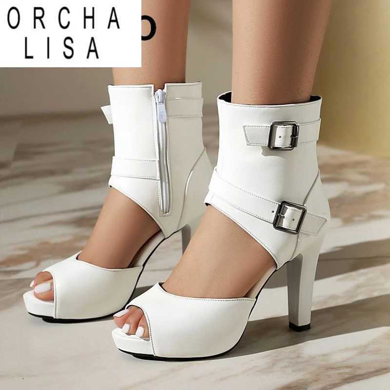 

ORCHA LISA Design Женские сандалии с открытым носком на высоком каблуке 9,5 см на платформе 2 см с застежкой-молнией и пряжкой Большой размер 41 42 43 Модная обувь для свиданий