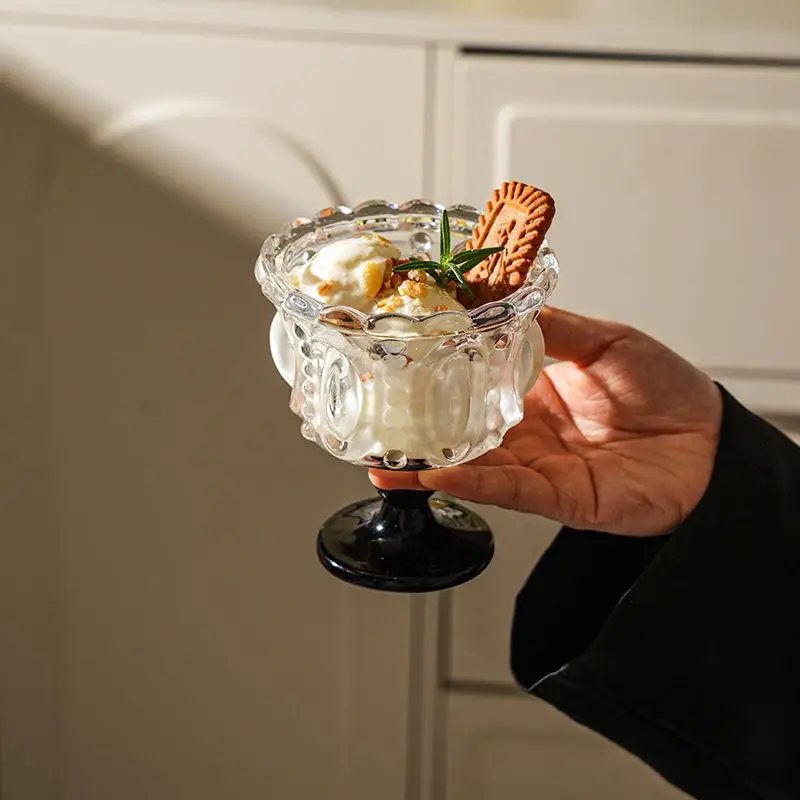 Light Luxury Embossed Sunflower High-stem Glass Ice Cream Cup Yogurt Cup Dessert Cup Milkshake Cup
