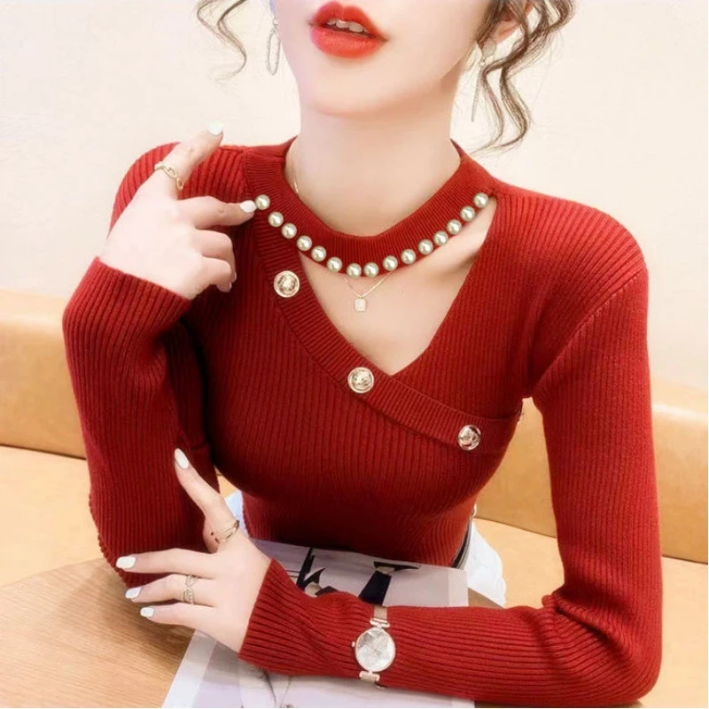 Women Clothing Sexy Slim Hollow Out All-match Pullovers Autumn Winter New Long Sleeve Solid Elegant Sweaters Temperament Trend