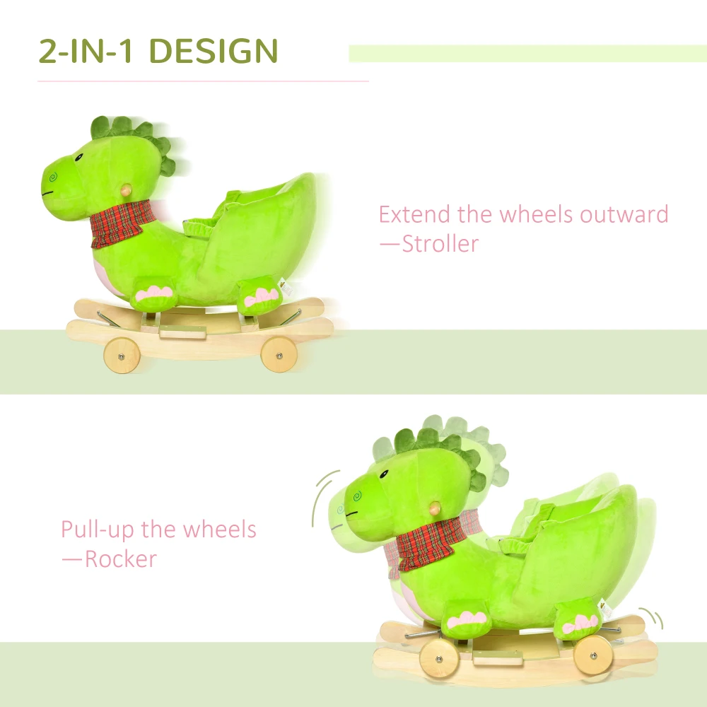 Baby Hobbelpaard Kinderen Interactief 2-in-1 Pluche Ride-On Speelgoed Wandelwagen Schommelende Dinosaurus met Wielen en Kinderliedje