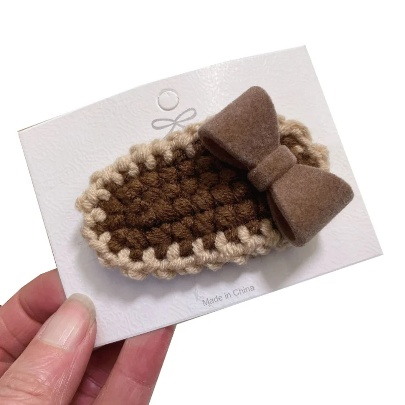 South Korea  New Cream and Coffee-Colored Hand-Woven Wool Flower Side Clip Hair Accessories Cute Girl Headdress hairpin