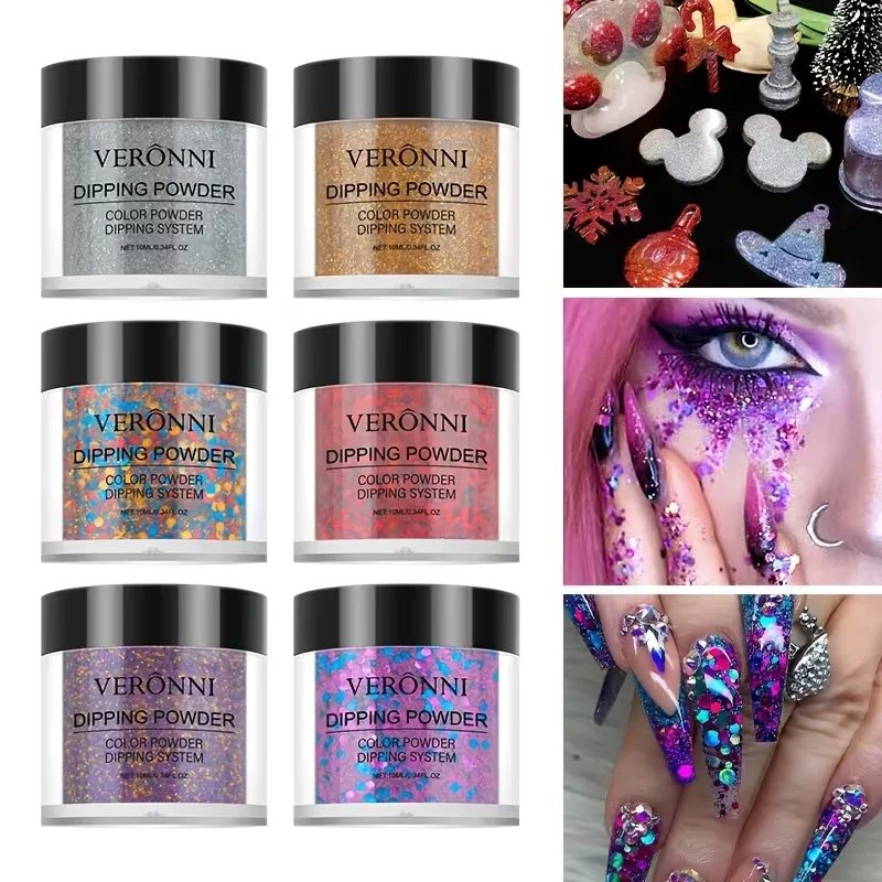 6 Colors Dipping Powder Nail Glitter Shining Flowing Glitter,Chunky Fine Mixed Glitter For Nail Art Body Hair Face Makeup