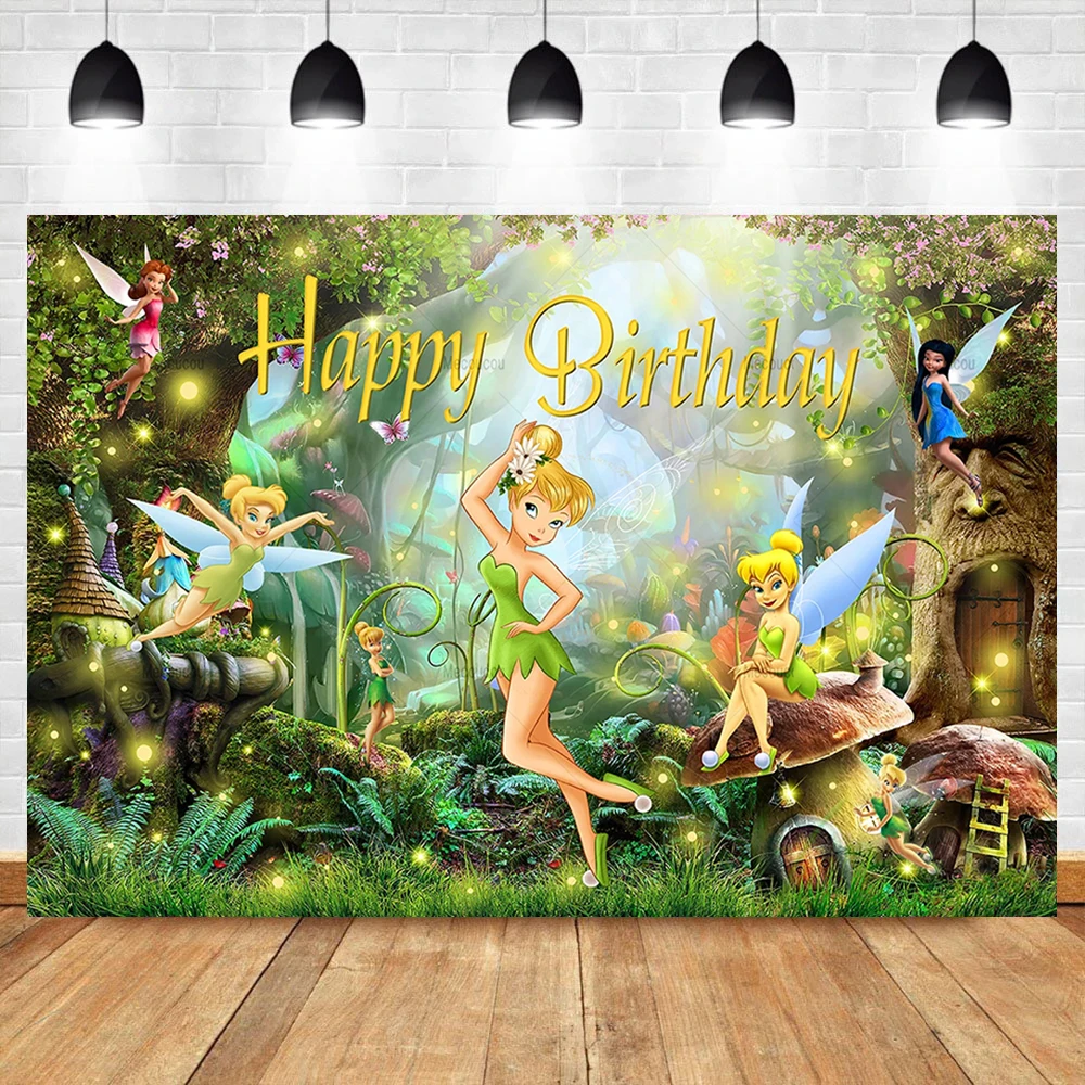 Disney Wonderland Tinkerbell Green Backdrop Custom Kids Birthday Party Banner Decoration Baby Shower Photography Background Prop