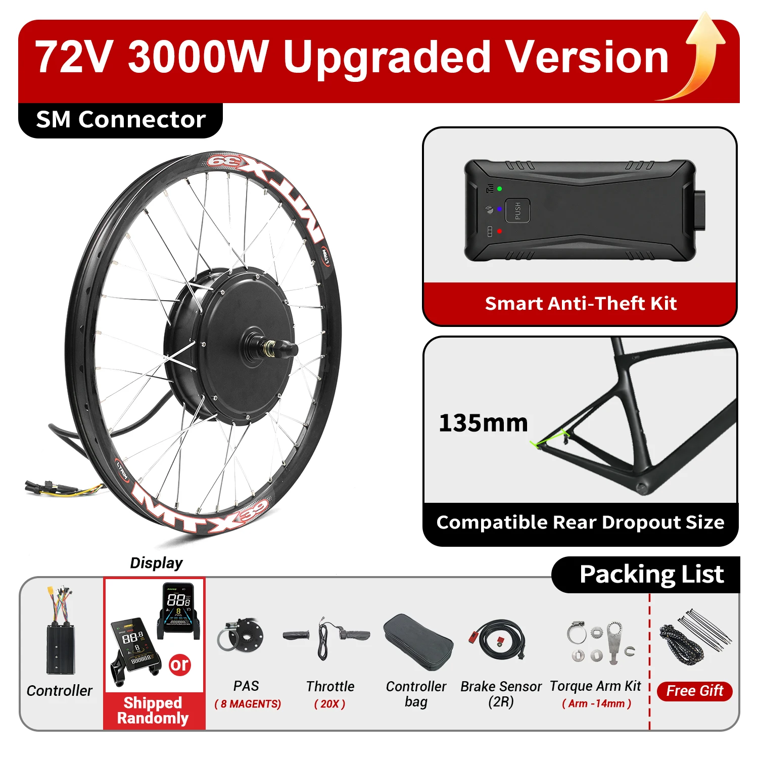 ESOULBIKE Achterwiel Elektrische Fiets Ombouwset 72V 3000W Naafmotor E-bike Kit 26 27.5 28 29 700C Wiel met 30Ah Batterij