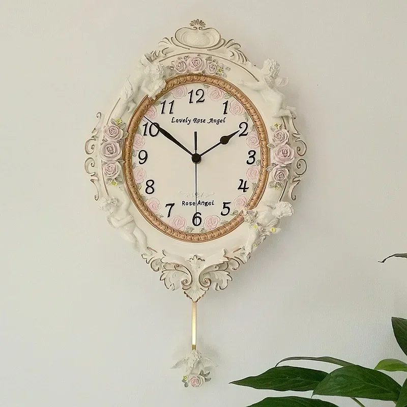 New European Three-dimensional Rose Angel Wall Clock Creative Fashion Home Resin Clock Swinging Silent Living Room Decoration