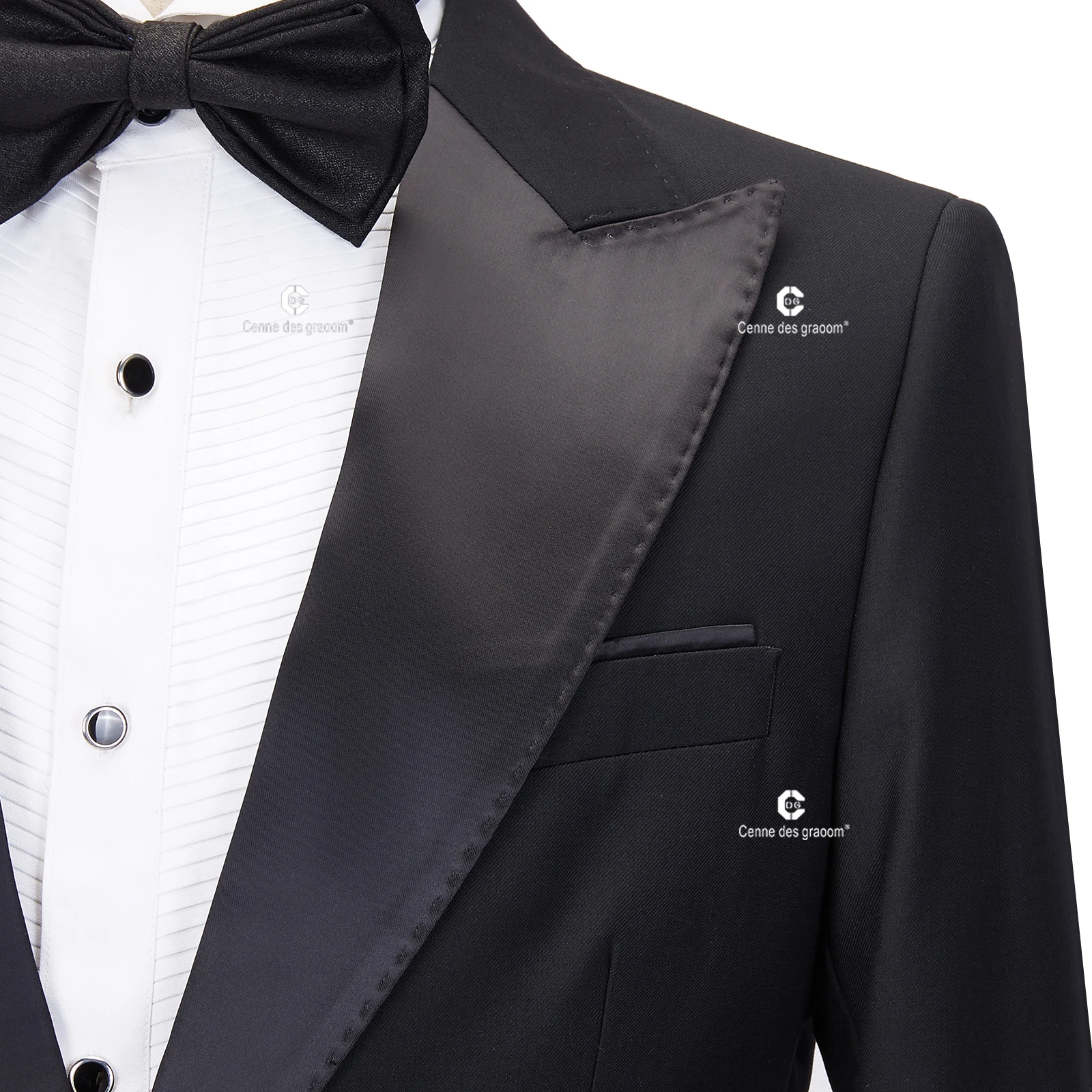 Cenne Des Graoom Men's 2 Piece Suit Black Satin Peak Lapel Slim Fit Elegant Tuxedo Solid One Button Wedding Party Evening Dress