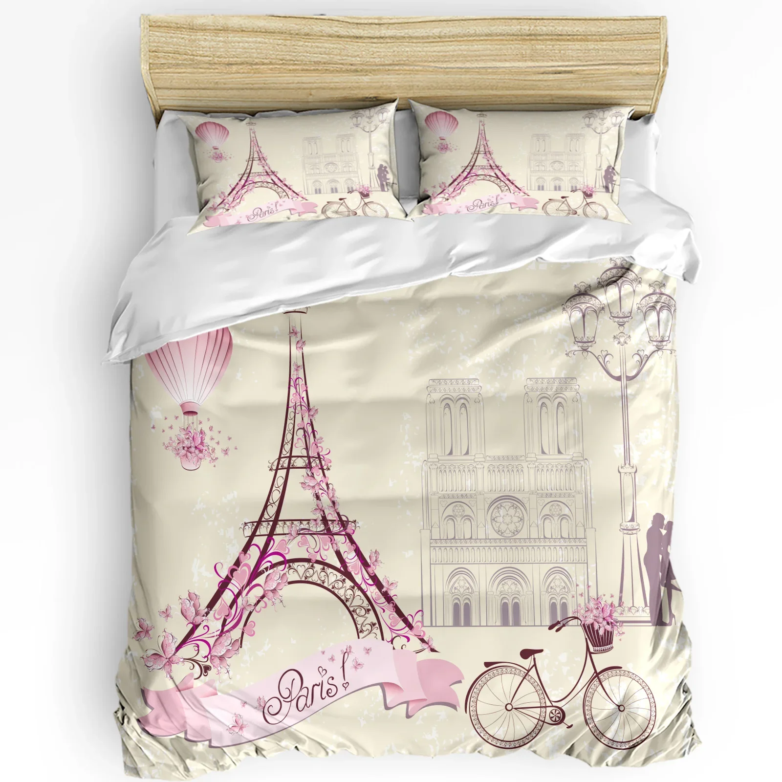 3pcs Bedding Set France Paris Tower Hot Air Balloon Bicycle Retro Duvet Cover Pillow Case Boy Kid Teen Girl Bedding Covers Set