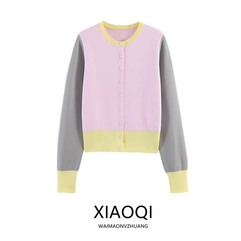 

Spring Summer 2026 New Women's Long Sleeve round Neck Casual Color Block Knitted Jacket Regular Fit Open Cardigan