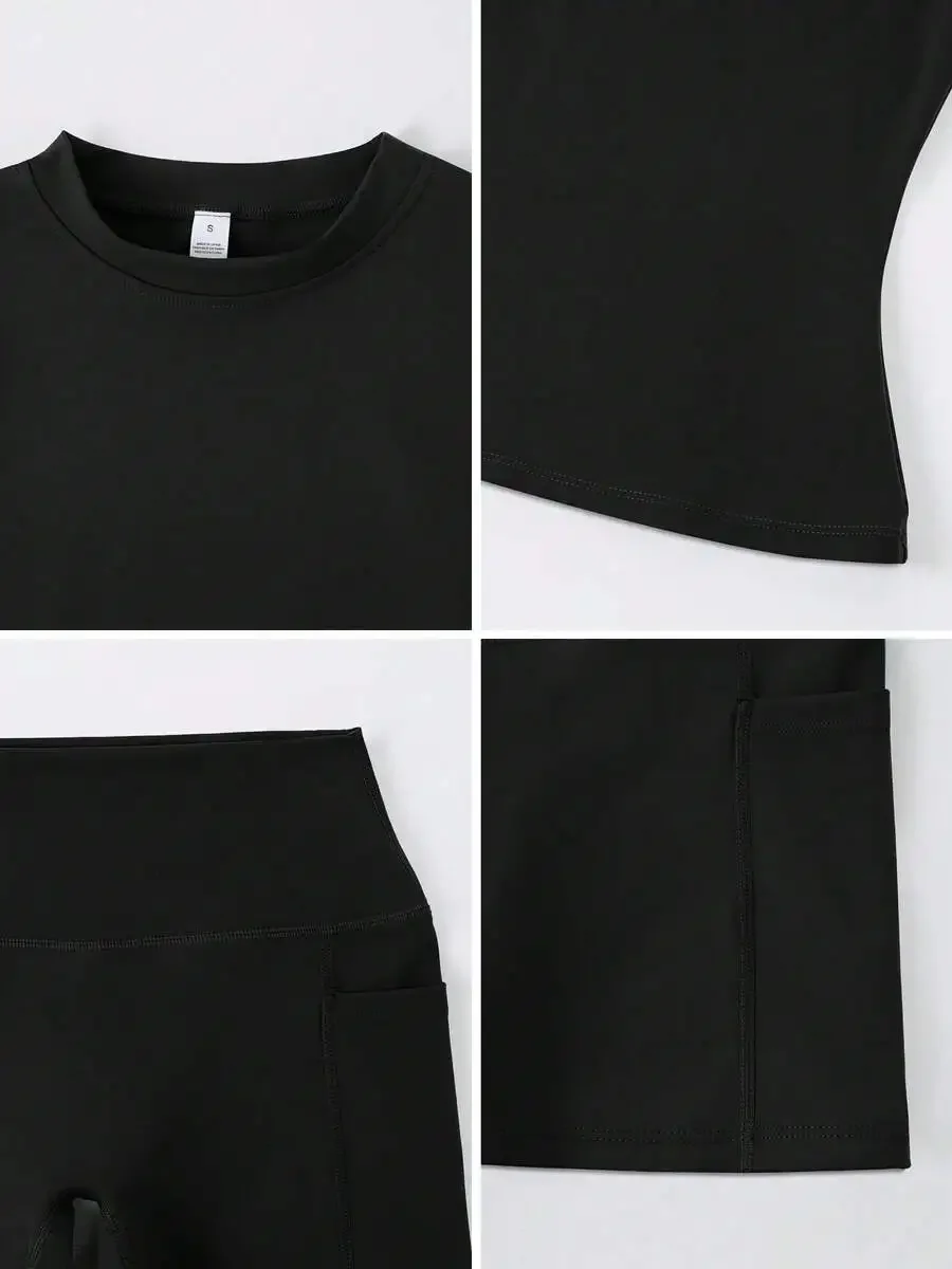 Women's Sweet Sports Short Sleeve High Waist Tummy Control Butt Lifting Shorts Set