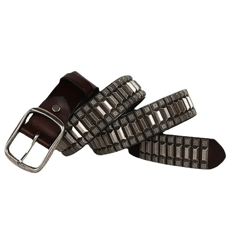 

New Men Cowboy Motorcycle Jeans Heavy Metal Rivet Belts Genuine Leather Belt Personalized Punk Rock Male Strap Belts
