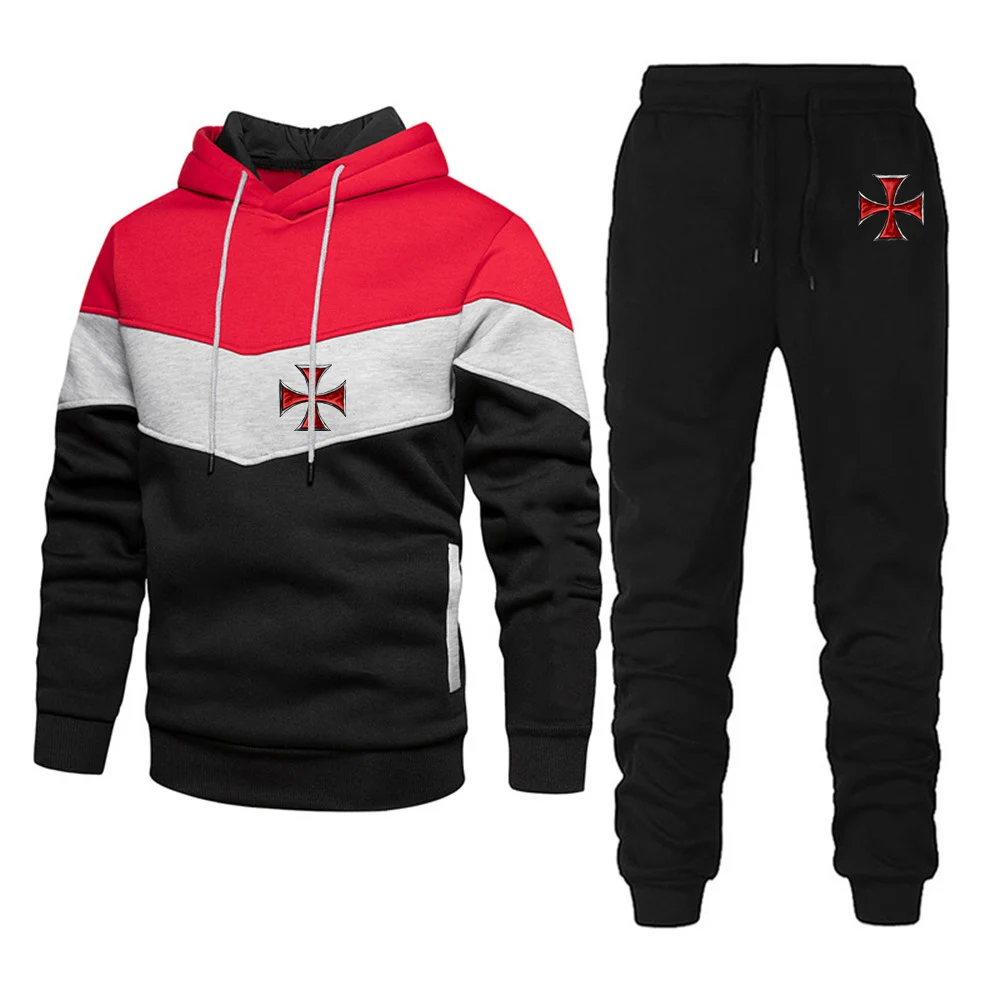 2025 frühling Herbst Ritter Templer Drucken Mann Patchwork Baumwolle Mit Kapuze Trainingsanzug Lose Hoodies + Einfarbig Jogging Jogginghose Sets