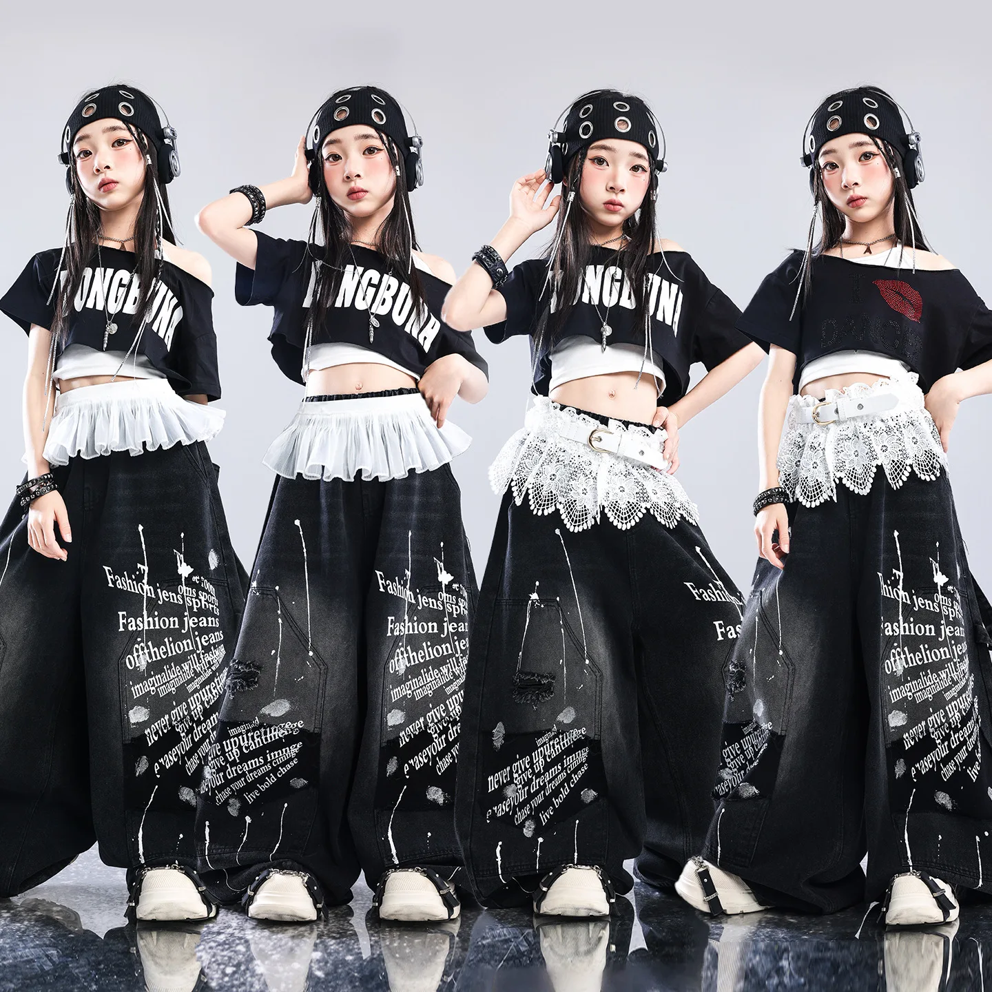 Girls Hip Hop Crop Top Loose Street Dance Denim Pants Children K-pop Streetwear Girl Group Clothes Set Kids Jazz Stage Costume
