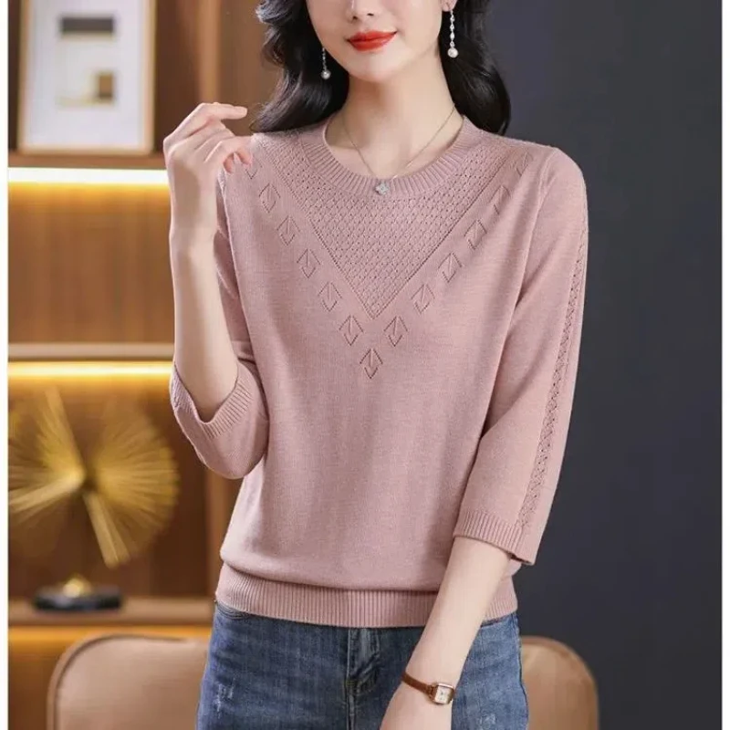 Korean Spring Sweaters Women's O-Neck Solid Hollow Out Temperament Loose Three Quarter Pullovers Knitted Bottoming Shirt Tops