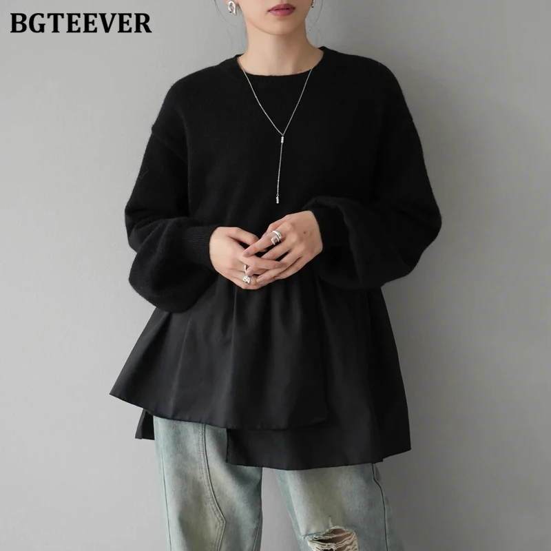 BGTEEVER Casual Lose Oansatz Weibliche Gestrickte Pullover Tops Frühling Herbst Stilvolle Lange Hülse Frauen Unregelmäßige Pullover Jumper