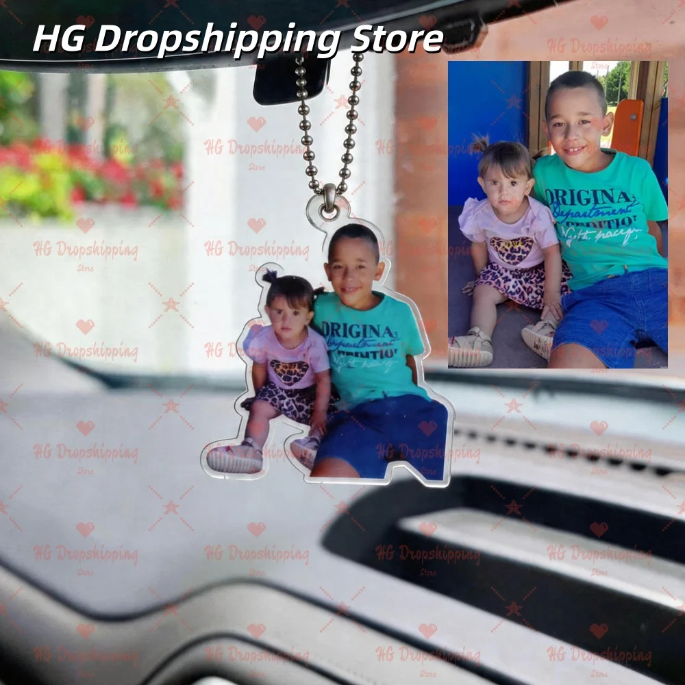 Customized Photo Acrylic Car Pendant Necklace Customized Personal Photo Gift Tag Pendant Car Rearview Mirror Pendant Chain