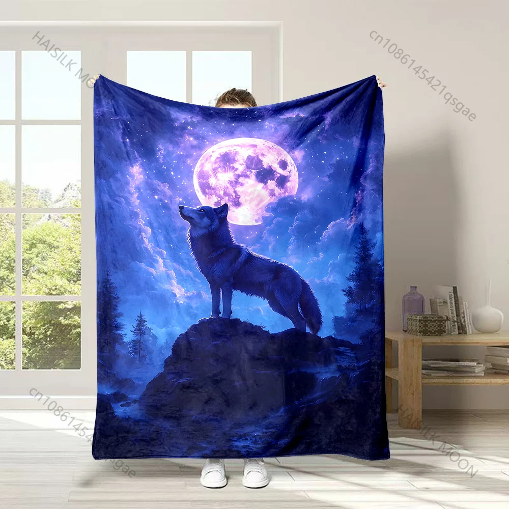 1PC Wolf on Rocky Peak Under Moon Print Adult Children Warm Blankets Home Travel Car Soft Comfortable Suitable for All Seasons