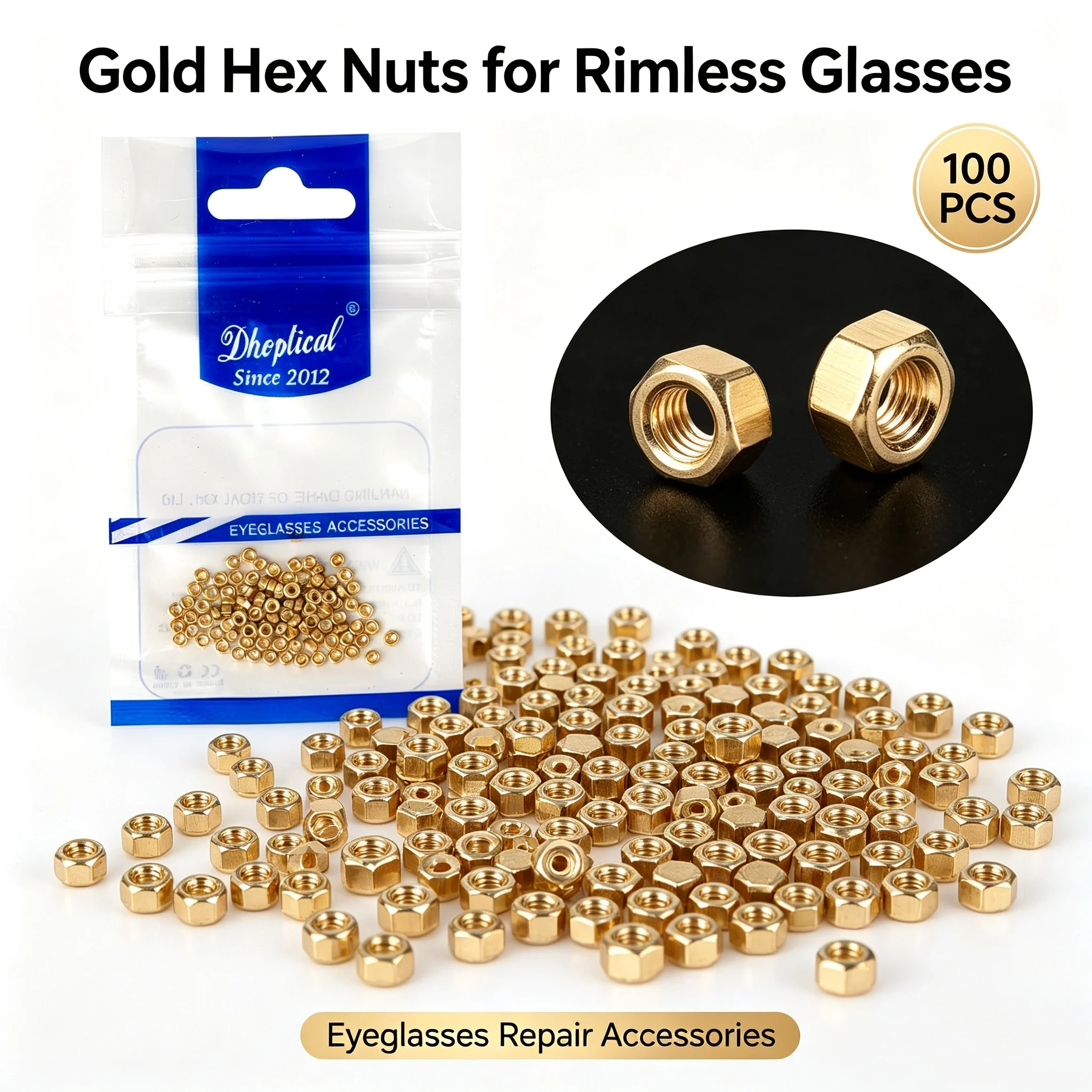 100 PCS Gold Hex Nuts, Rimless Glasses Screws Nuts, Metal Fasteners for Eyeglasses Frame Repair Accessories