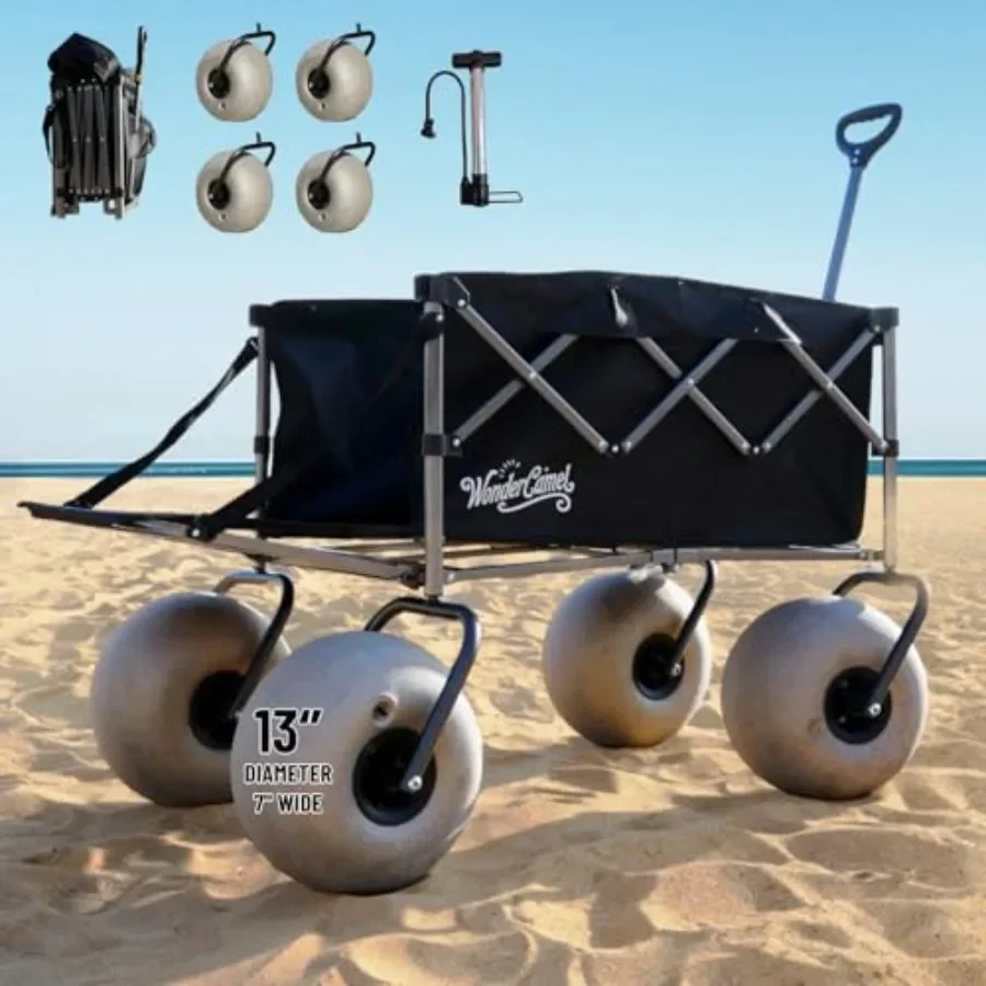 Beach wagon for sand use, aluminum alloy frame, black color, 13-inch balloon wheels with extended tailgate and compact folding