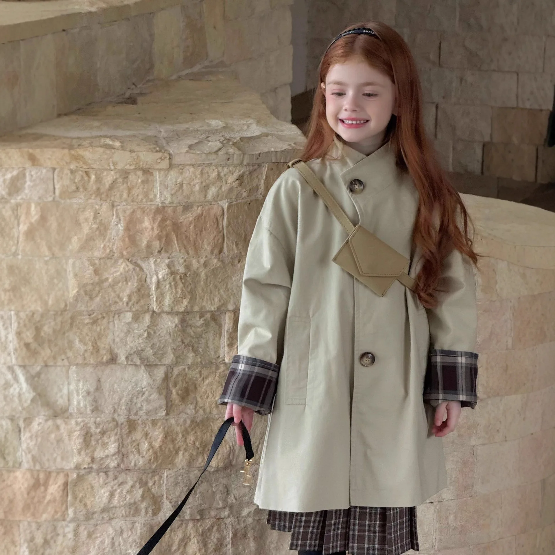 

Korean Children Casual Long Windbreaker 2025 Autumn New Children Clothing Girls Color Blocked Long Fashion Jacket