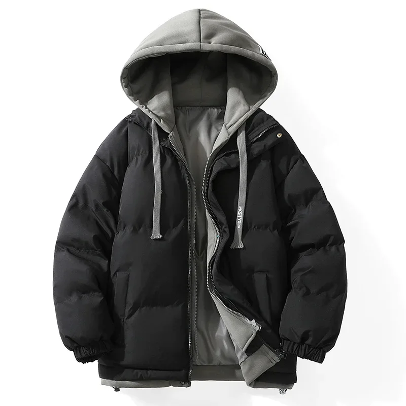 

Hooded Thickened Cotton Jacket Men's Winter Warm Coat Loose Casual Style Couple's Fake Two-Piece Cotton Clothes Outerwear