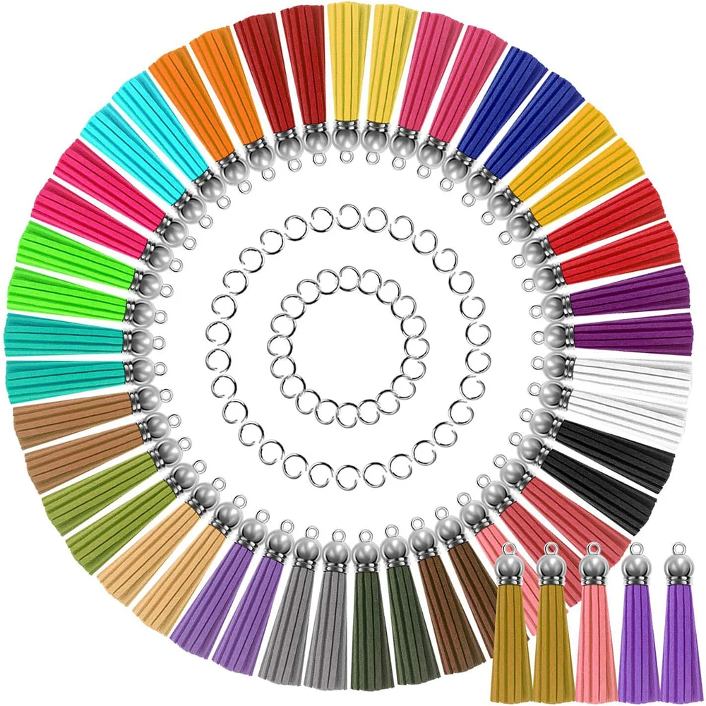 100PCS Tassels for Jewelry Making 50pcs Leather Tassel Keychain Charms Bulk with 50pcs Jump Rings DIY Jewelry Accessories