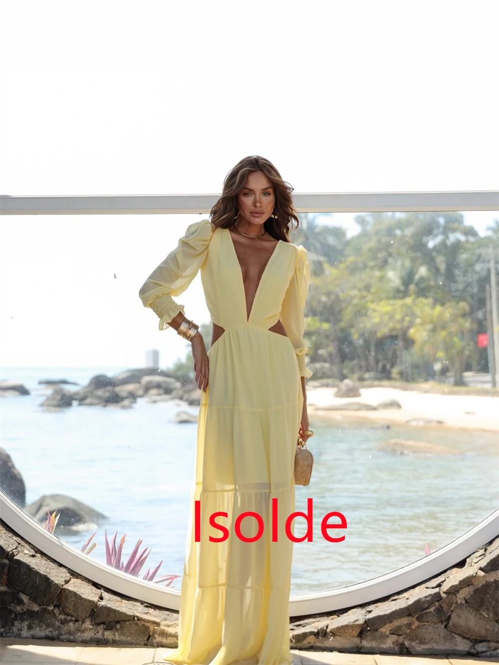 Personalizado macio amarelo chiffon vestido de noite requintado com decote em v mangas compridas vestidos de baile formais vestidos de ocasião especial