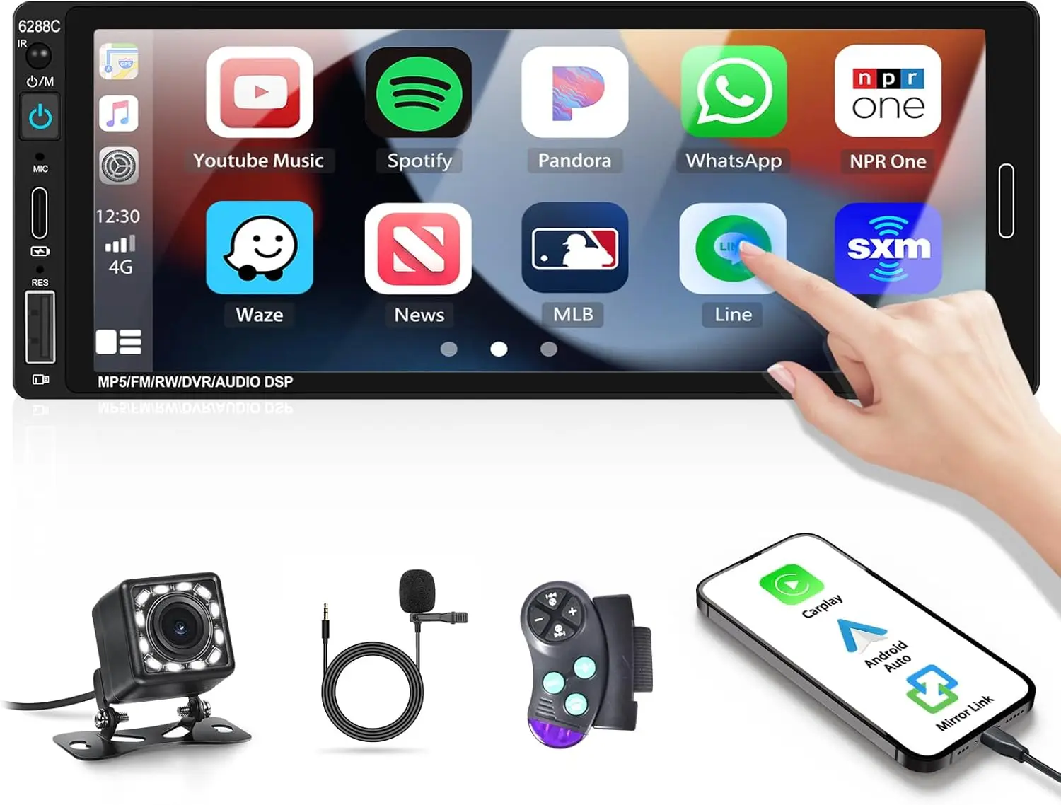 

6.86' Touchscreen Car Stereo with CarPlay, Android Auto, Backup Camera, Bluetooth, FM, MirrorLink