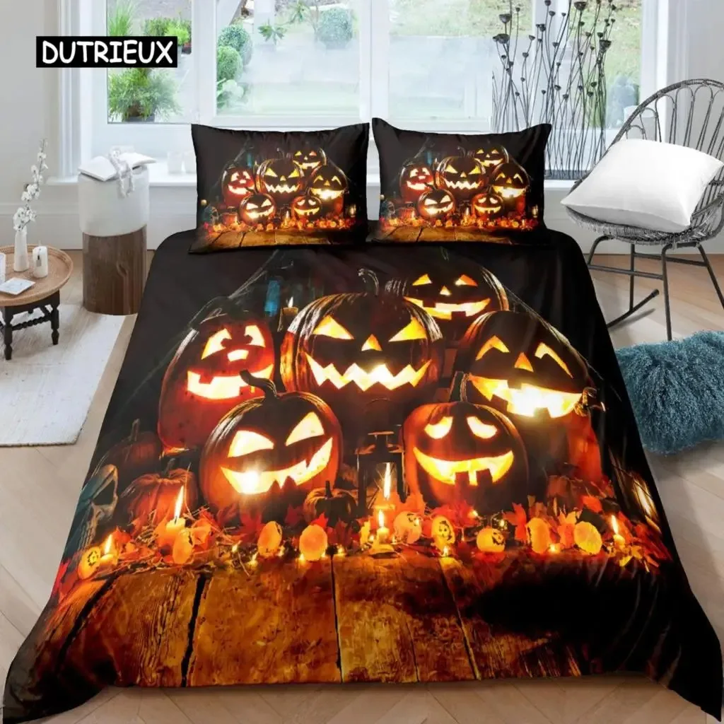 

Halloween Duvet Cover Set Halloween Pumpkin Ghost Festival Themed Bedding Set for Kid Boy Teen Microfiber Queen Size Quilt Cover