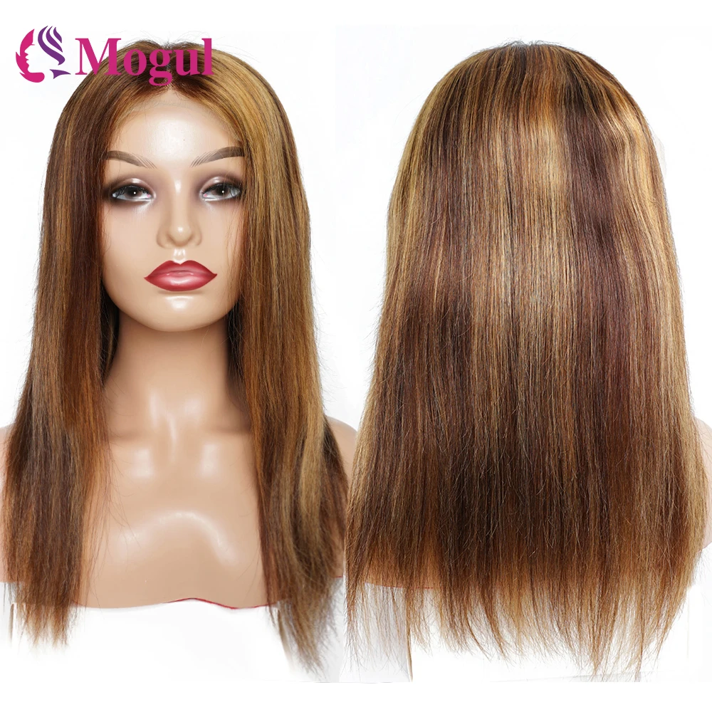 Highlight Human Hair Wigs Transparent Lace Front Wig for Women Pre-Plucked Lace Free Part P4/27 Brown Blonde Bone Straight Mogul