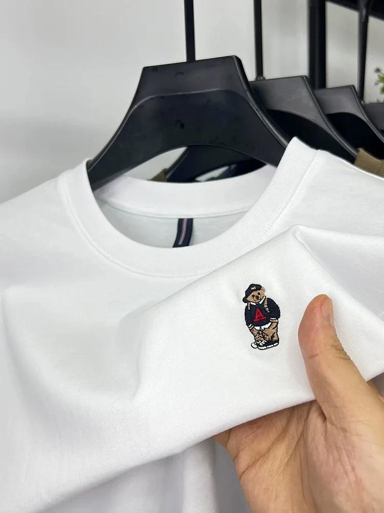 Brand fashion teddy bear embroidered short sleeve T-shirt men summer 100% cotton breathable Korean youth casual round neck top