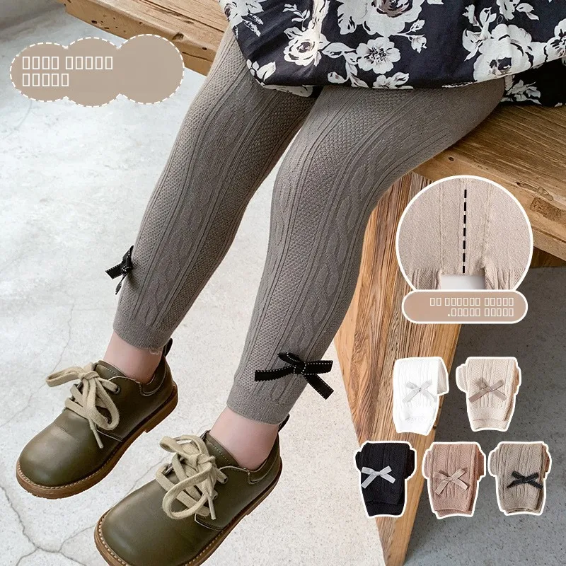 

New Children's Knitted Cotton Long Pants with Knots Spring Autumn Seasonal Twist Open Crotch Base Layer Trousers