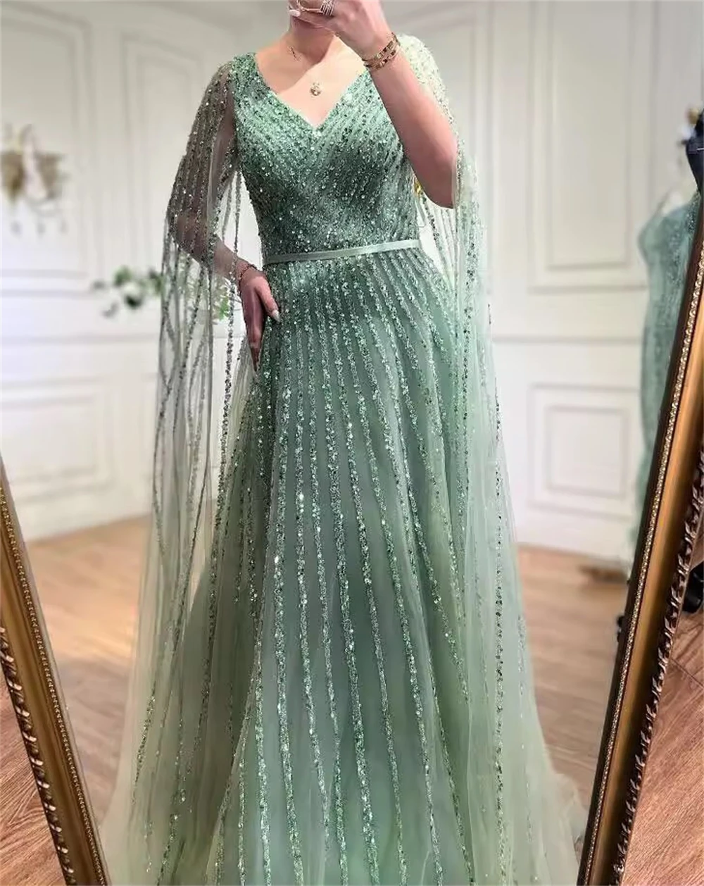 

Customized Simple Green Organza Evening Dress Formal V-Neck Long Sleeves Celebrity Gown Delicate Straight Sweep Train Prom Dress