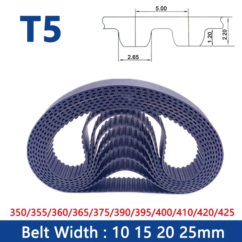 1PCS T5 Timing Belt Width 10/15/20/25mm Rubber Closed Loop Synchronous Belt Length 350/355/360/365/375/390/395/400/410/420/425mm