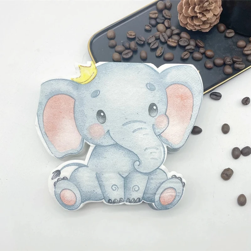 20Pcs/Bag Cute Crowned Elephant Decoupage Paper Napkins Cartoon Animal Paper Serviettes for Xmas Kid Birthday Party Tableware