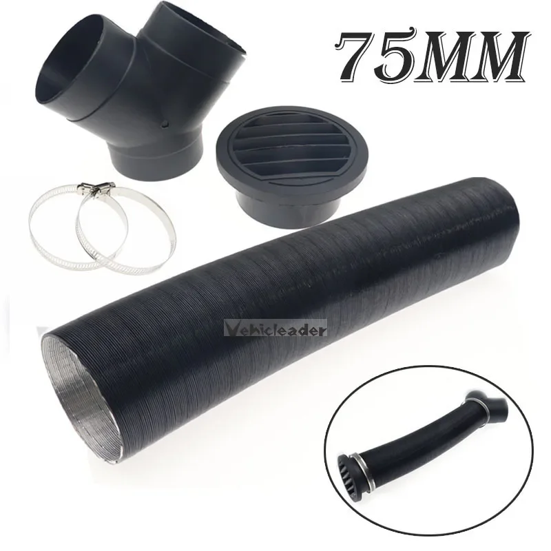 75mm For Webasto Eberspacher Propex Diesel Heater Heater Pipe Duct + Round Flat Warm Air Outlet  + Y Piece + Vent Hose Clips Set